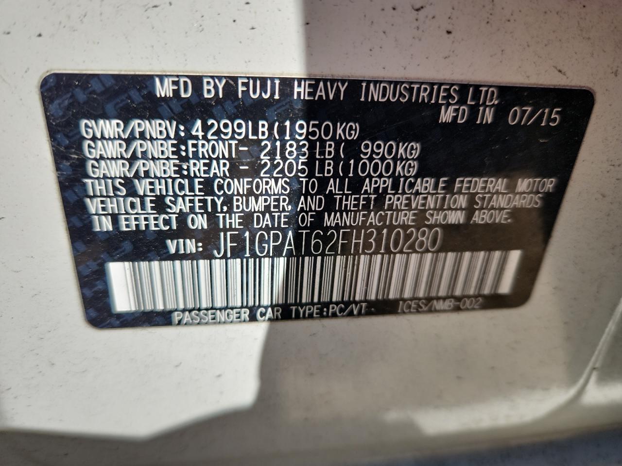 2015 Subaru Impreza Sport VIN: JF1GPAT62FH310280 Lot: 72059835