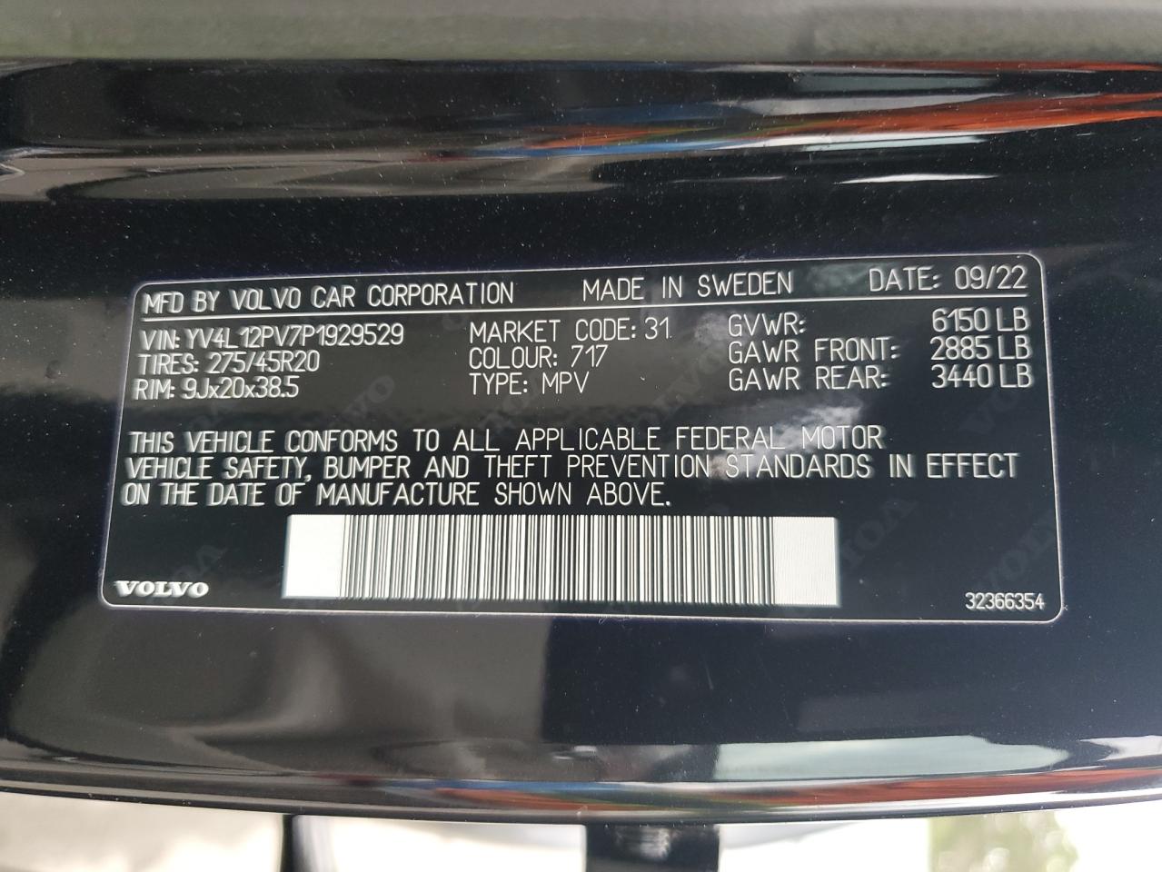 2023 Volvo Xc90 Core VIN: YV4L12PV7P1929529 Lot: 82063495