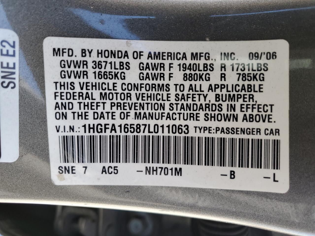 2007 Honda Civic Lx VIN: 1HGFA16587L011063 Lot: 80583715