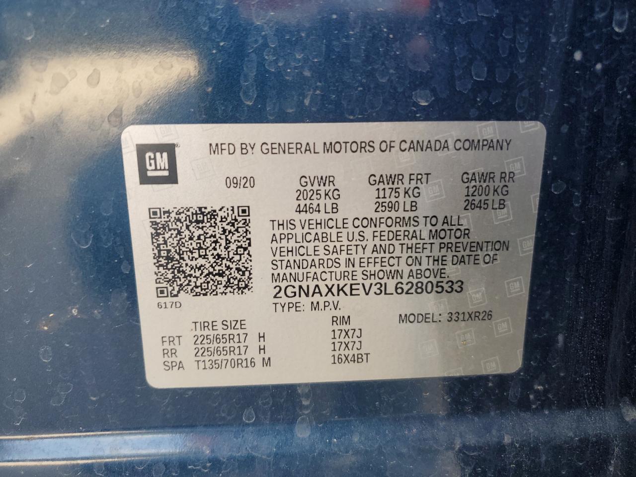 2020 Chevrolet Equinox Lt VIN: 2GNAXKEV3L6280533 Lot: 84587955