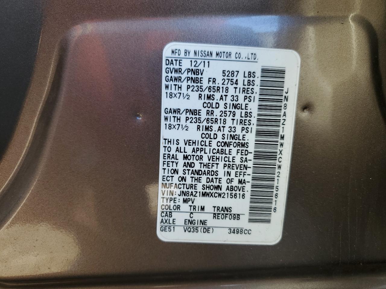 2012 Nissan Murano S VIN: JN8AZ1MWXCW215616 Lot: 84050575