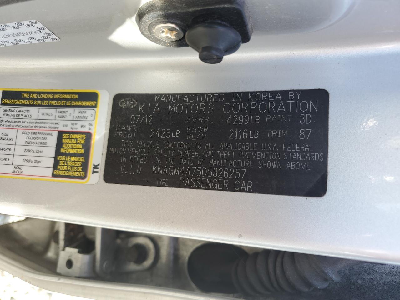 2013 Kia Optima Lx VIN: KNAGM4A75D5326257 Lot: 80374555
