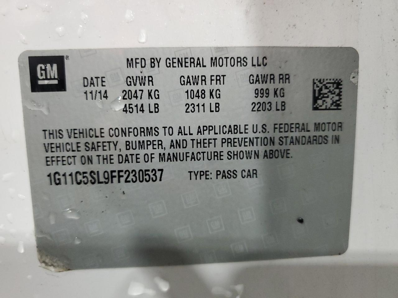 2015 Chevrolet Malibu 1Lt VIN: 1G11C5SL9FF230537 Lot: 80673365