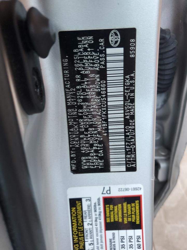 2012 Toyota Camry Base VIN: 4T1BF1FKXCU546660 Lot: 83923215