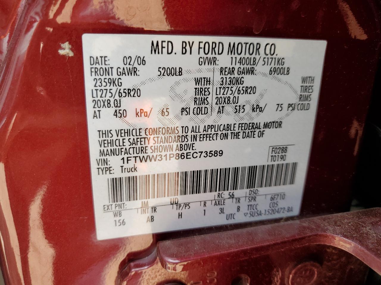 2006 Ford F350 Srw Super Duty VIN: 1FTWW31P86EC73589 Lot: 81841635