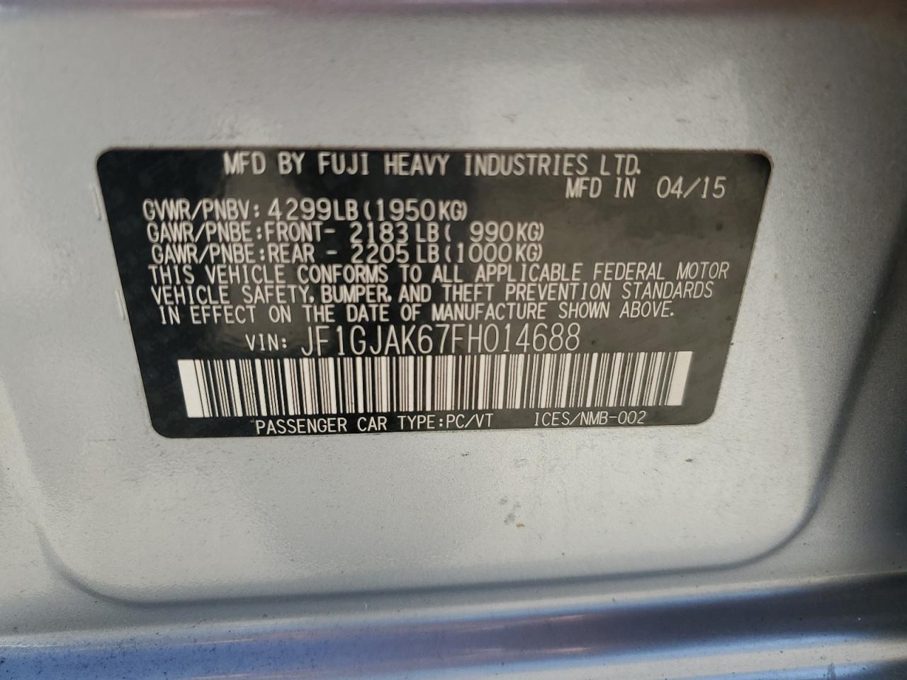 2015 Subaru Impreza Premium Plus VIN: JF1GJAK67FH014688 Lot: 80083865