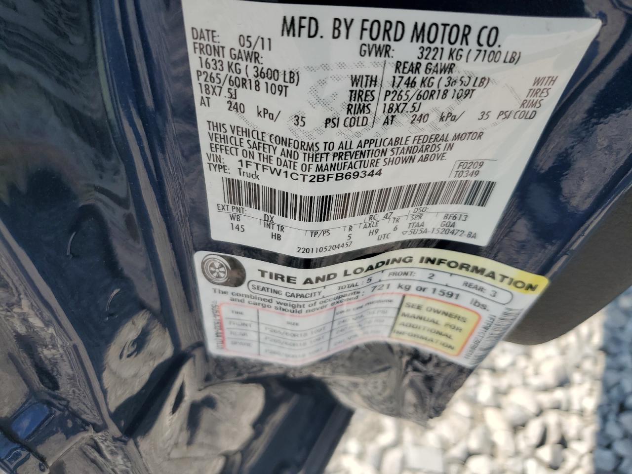 2011 Ford F150 Supercrew VIN: 1FTFW1CT2BFB69344 Lot: 81311825