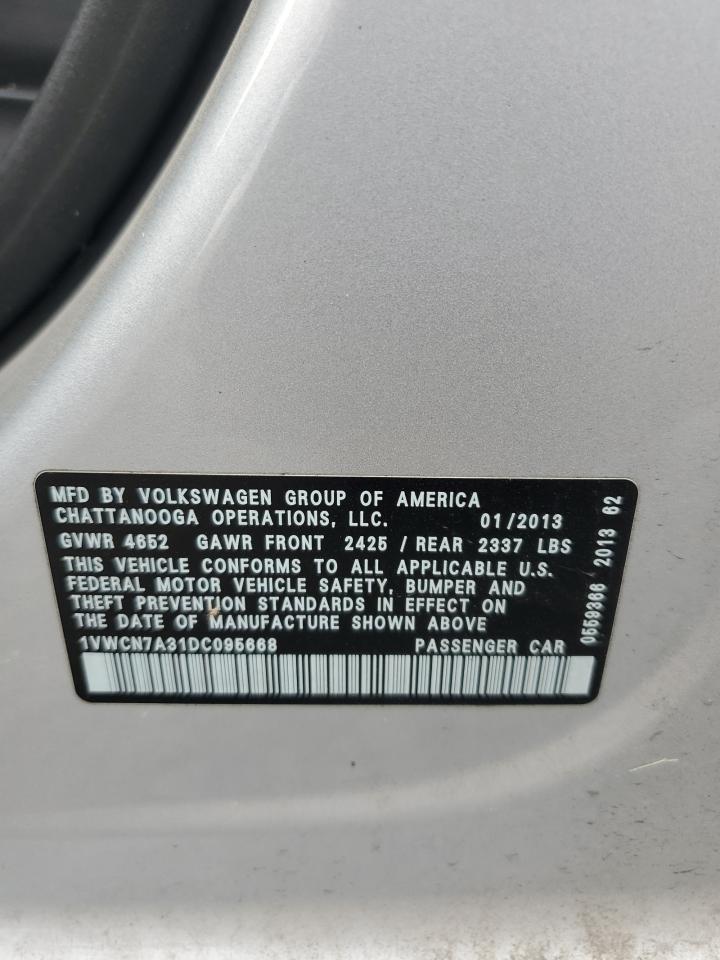 2013 Volkswagen Passat Sel VIN: 1VWCN7A31DC095668 Lot: 72029945