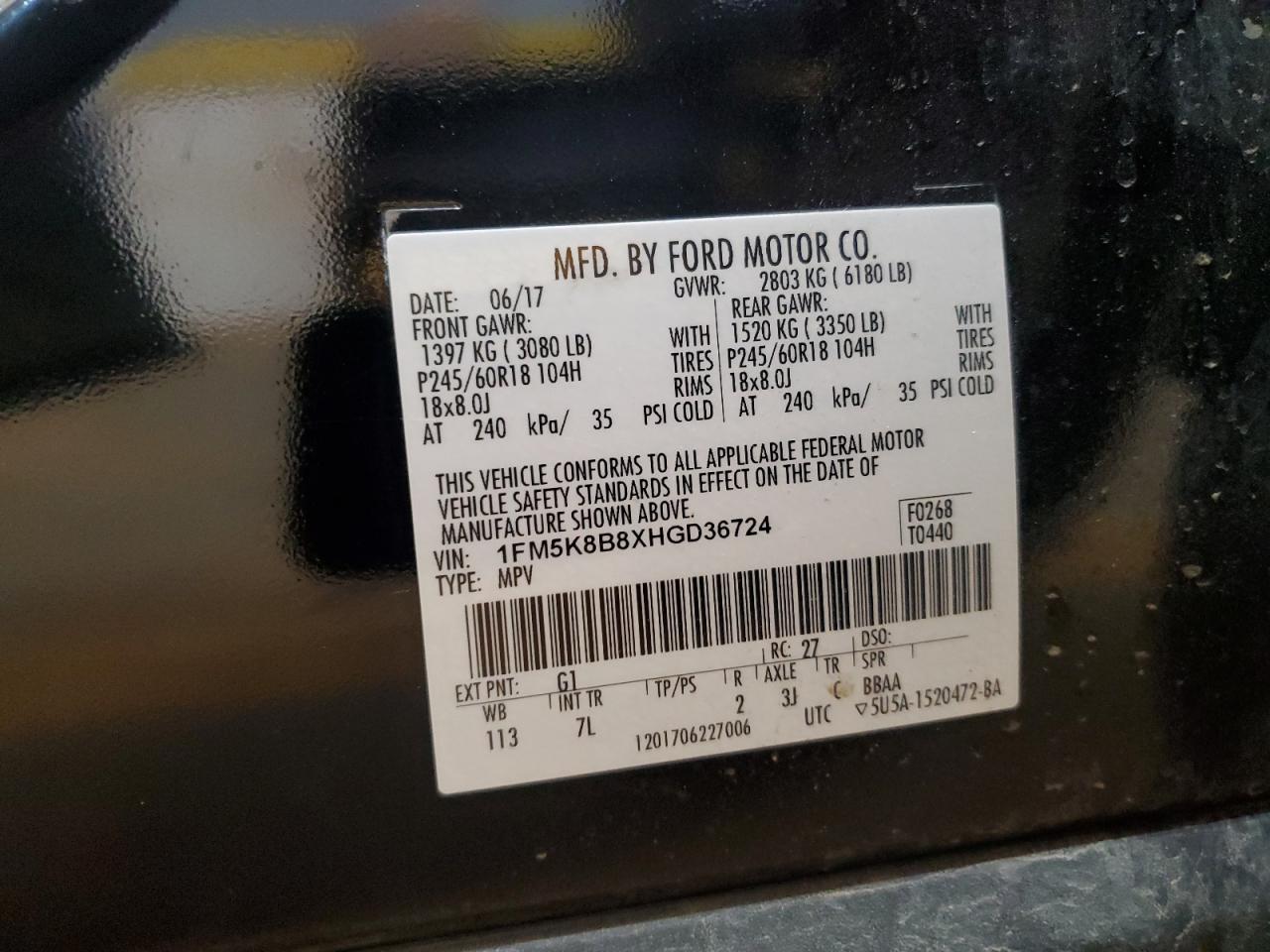 2017 Ford Explorer VIN: 1FM5K8B8XHGD36724 Lot: 80056015
