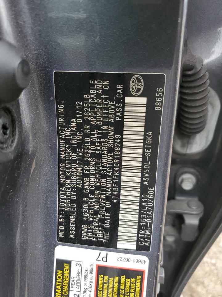 2012 Toyota Camry Base VIN: 4T4BF1FK4CR188249 Lot: 84209085