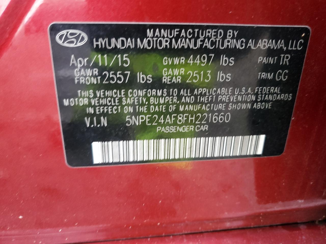 2015 Hyundai Sonata Se VIN: 5NPE24AF8FH221660 Lot: 71840905