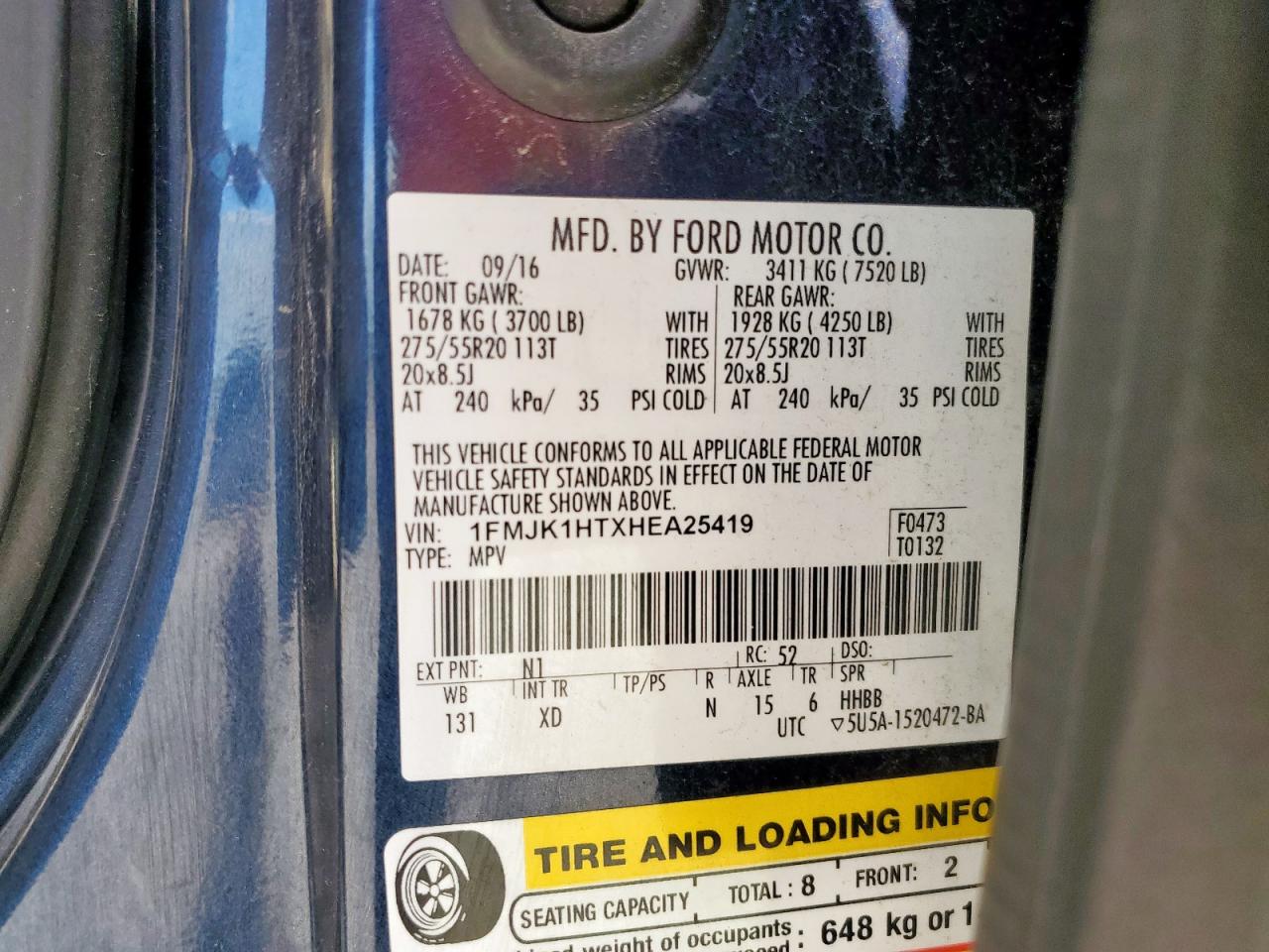 2017 Ford Expedition El Xlt VIN: 1FMJK1HTXHEA25419 Lot: 81513665