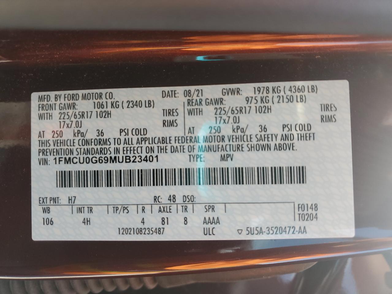 2021 Ford Escape Se VIN: 1FMCU0G69MUB23401 Lot: 71949185