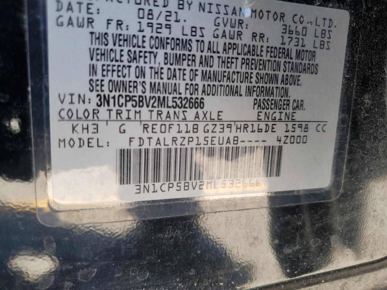 2021 Nissan Kicks S VIN: 3N1CP5BV2ML532666 Lot: 71903555