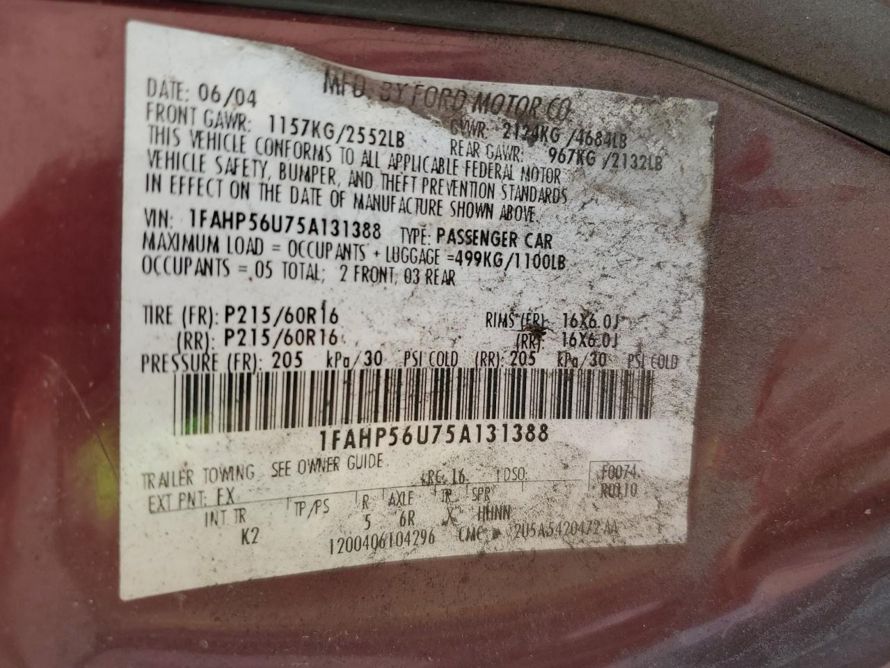 2005 Ford Taurus Sel VIN: 1FAHP56U75A131388 Lot: 84380745