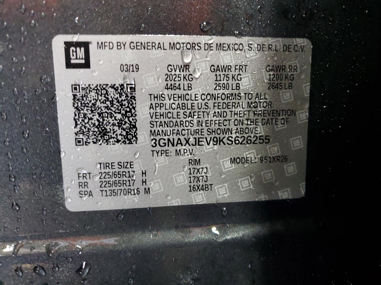 2019 Chevrolet Equinox Lt VIN: 3GNAXJEV9KS626255 Lot: 82125385