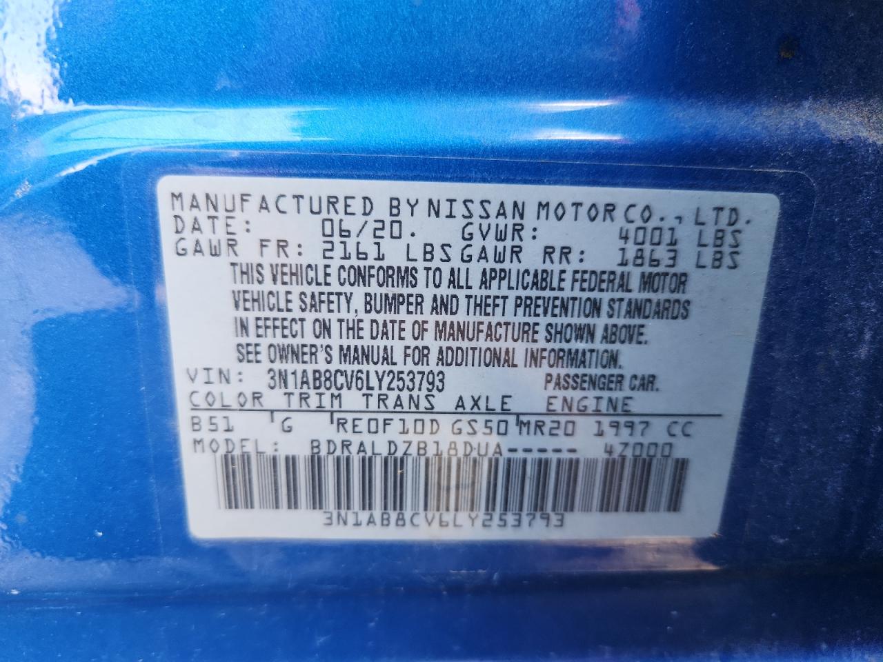 2020 Nissan Sentra Sv VIN: 3N1AB8CV6LY253793 Lot: 81317945