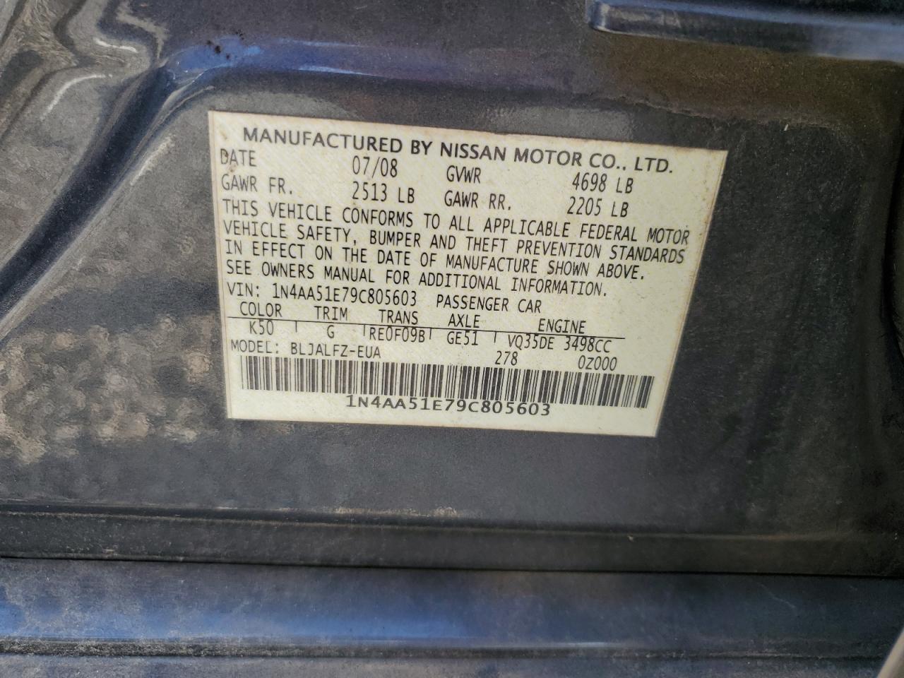 2009 Nissan Maxima S VIN: 1N4AA51E79C805603 Lot: 81263815