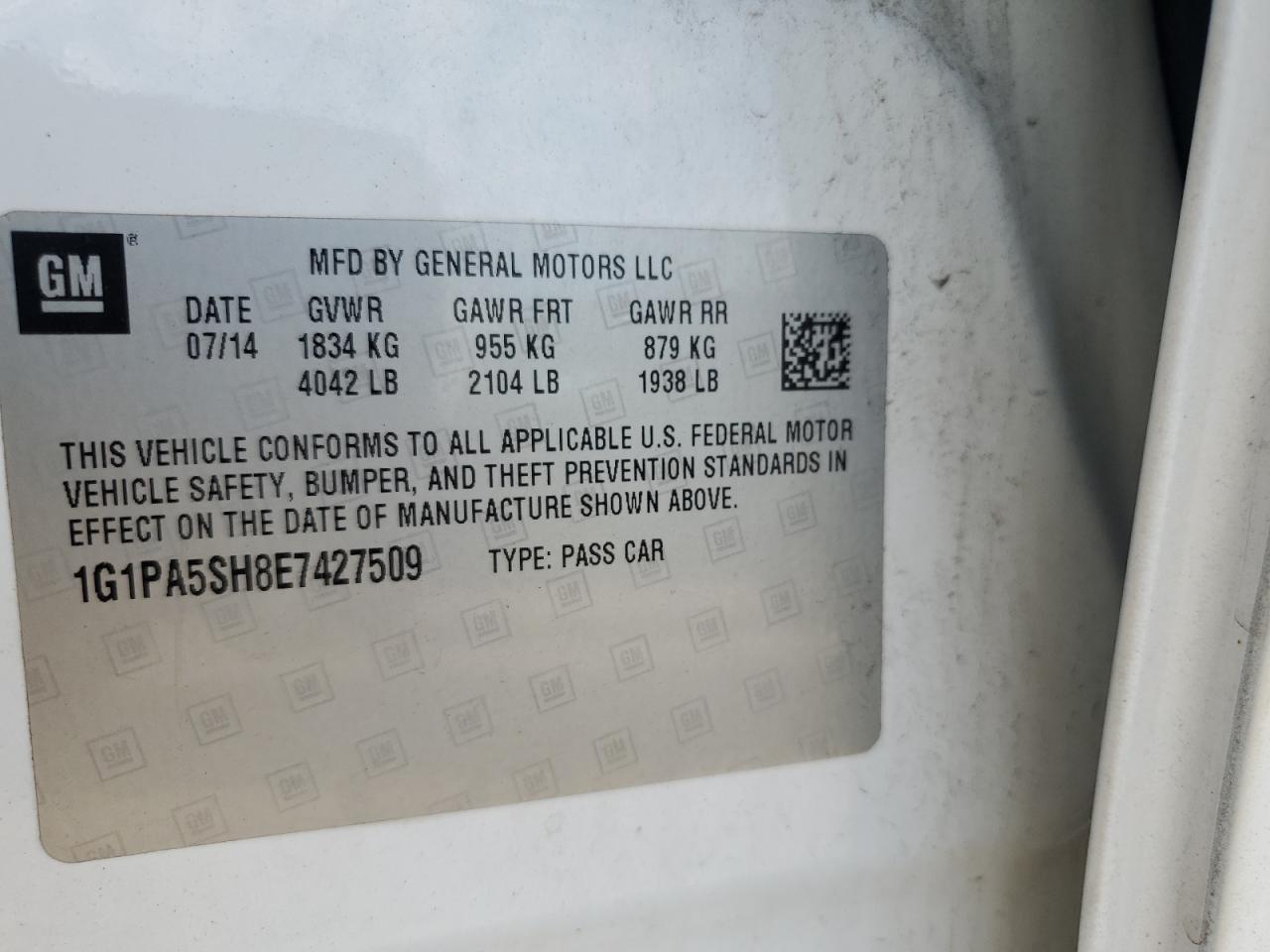 2014 Chevrolet Cruze Ls VIN: 1G1PA5SH8E7427509 Lot: 72085325