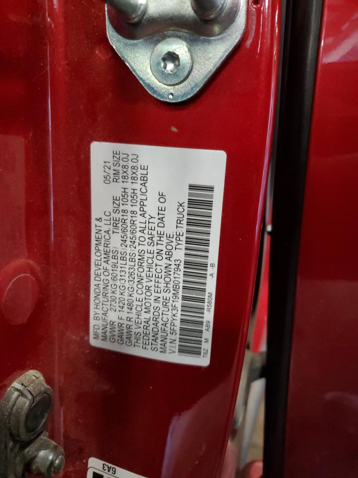 2021 Honda Ridgeline Sport VIN: 5FPYK3F19MB017943 Lot: 80625835