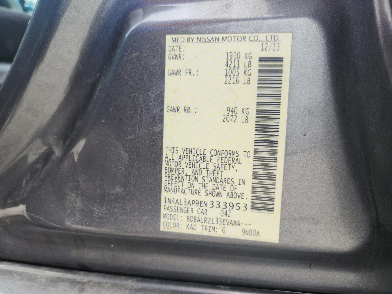 2014 Nissan Altima 2.5 VIN: 1N4AL3AP9EN333953 Lot: 82065275