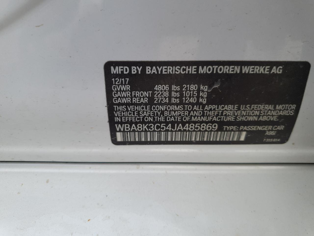 2018 BMW 330 Xi VIN: WBA8K3C54JA485869 Lot: 84427445