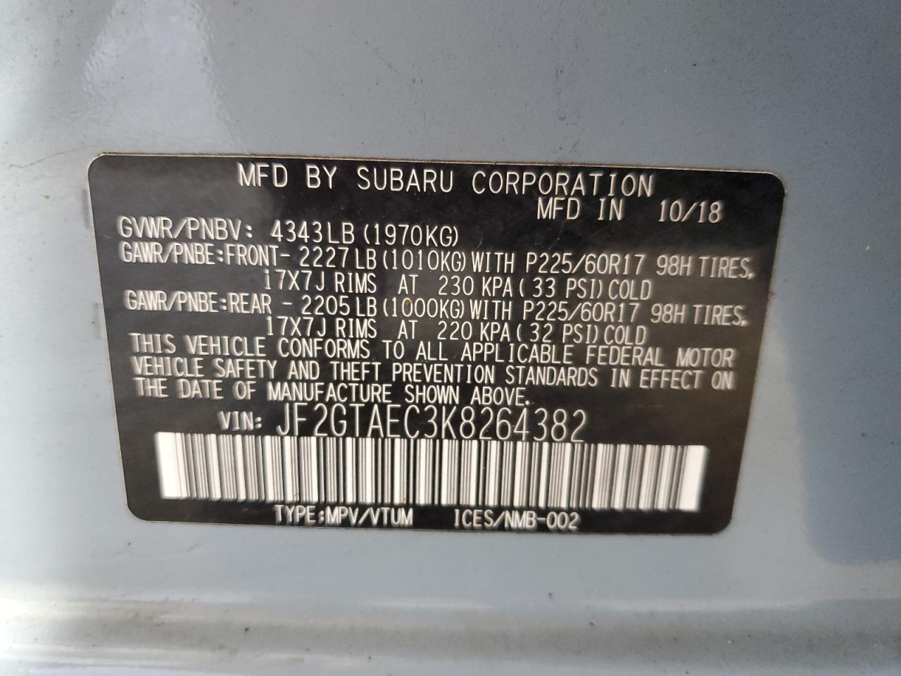 2019 Subaru Crosstrek Premium VIN: JF2GTAEC3K8264382 Lot: 71419985