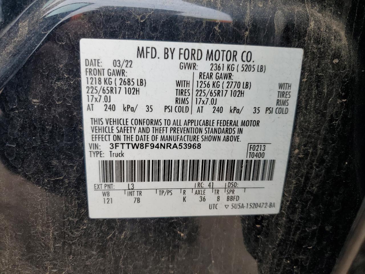 2022 Ford Maverick Xl VIN: 3FTTW8F94NRA53968 Lot: 83819535