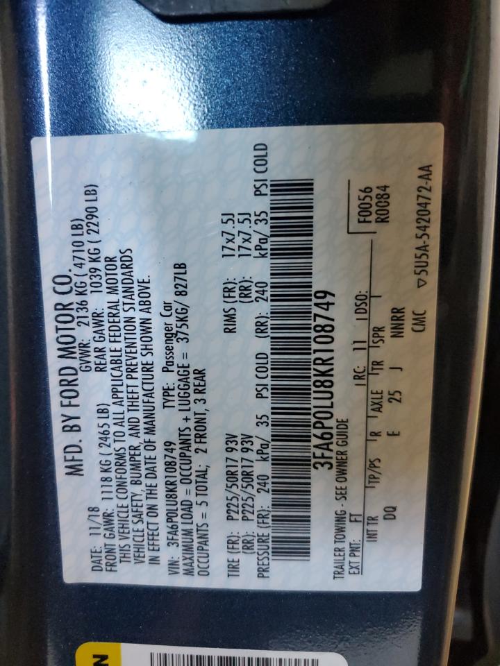 2019 Ford Fusion Se VIN: 3FA6P0LU8KR108749 Lot: 70631455