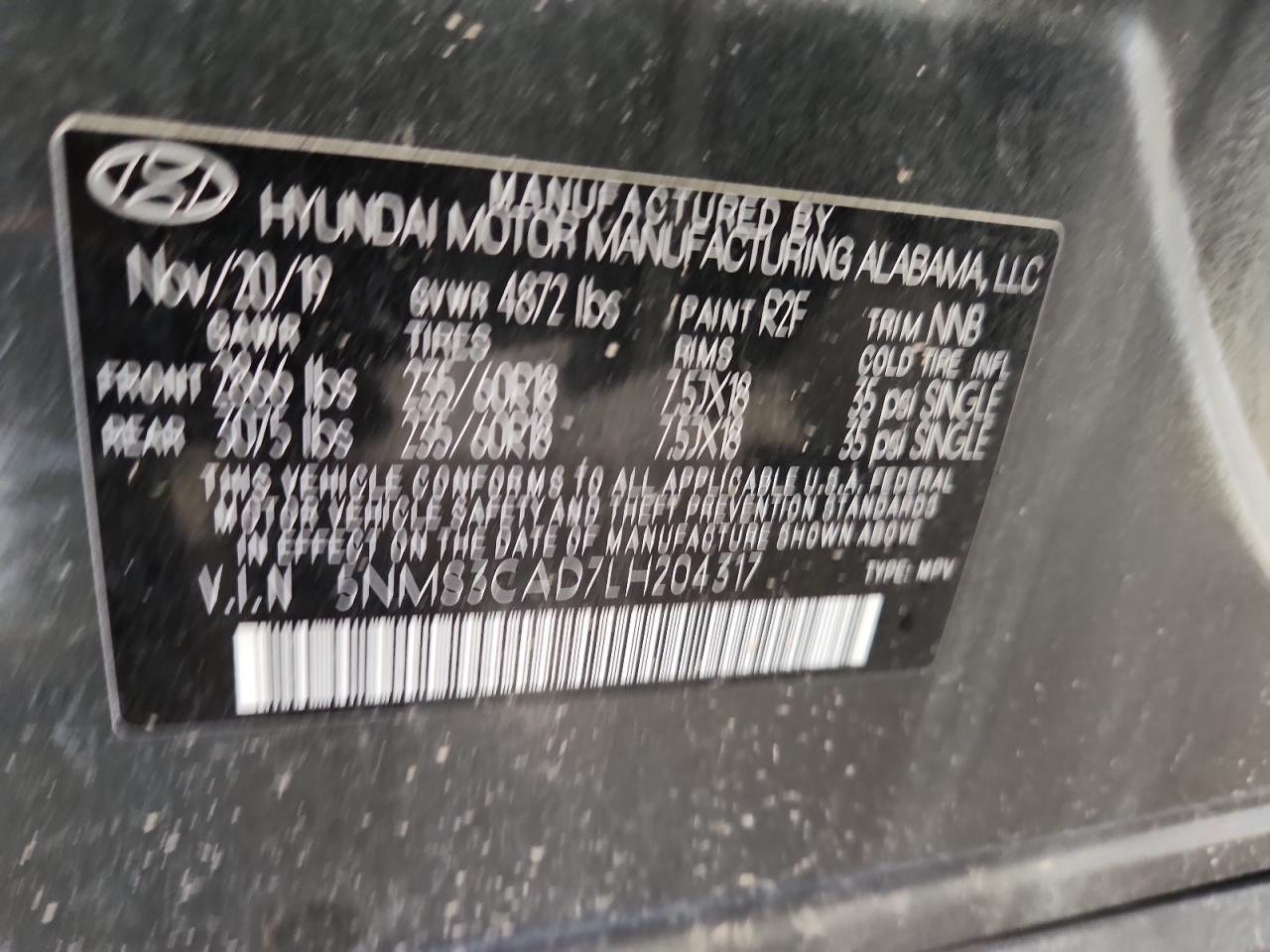 2020 Hyundai Santa Fe Sel VIN: 5NMS3CAD7LH204317 Lot: 81806755