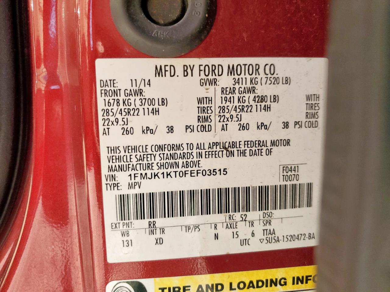 2015 Ford Expedition El Limited VIN: 1FMJK1KT0FEF03515 Lot: 80868775