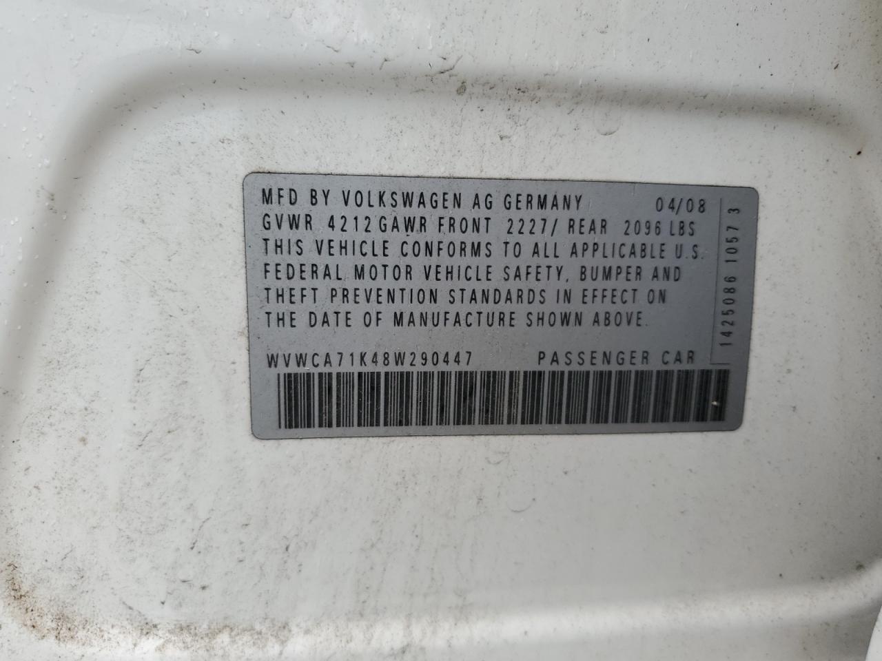 2008 Volkswagen Rabbit VIN: WVWCA71K48W290447 Lot: 72044235