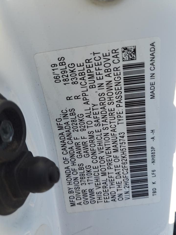 2019 Honda Civic Lx VIN: 2HGFC2F62KH575743 Lot: 81270165