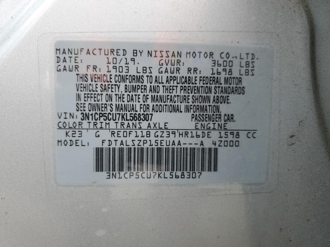 2019 Nissan Kicks S VIN: 3N1CP5CU7KL568307 Lot: 83961005