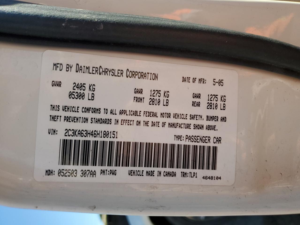 2006 Chrysler 300C VIN: 2C3KA63H46H180151 Lot: 81752585