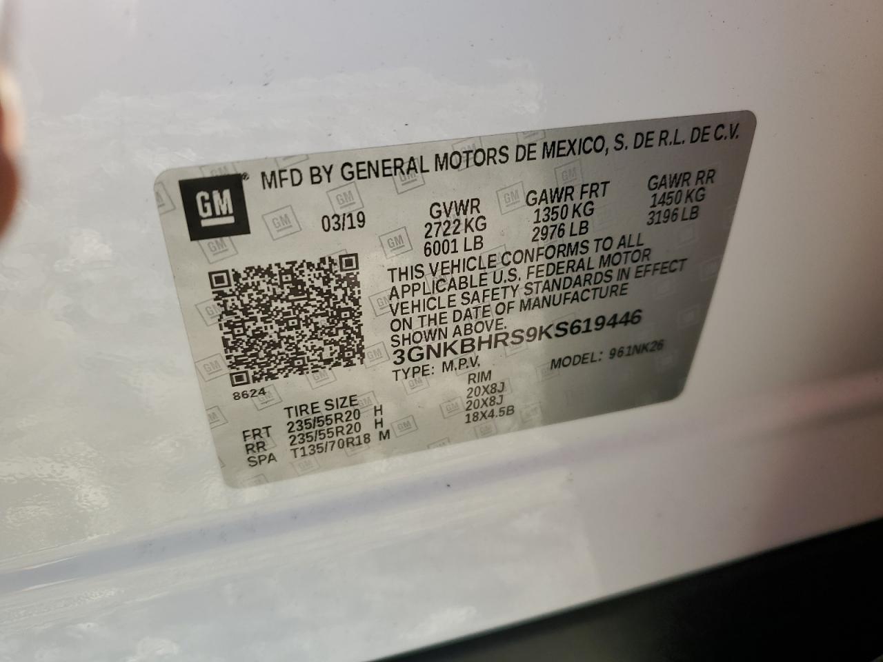 2019 Chevrolet Blazer 3Lt VIN: 3GNKBHRS9KS619446 Lot: 81865105