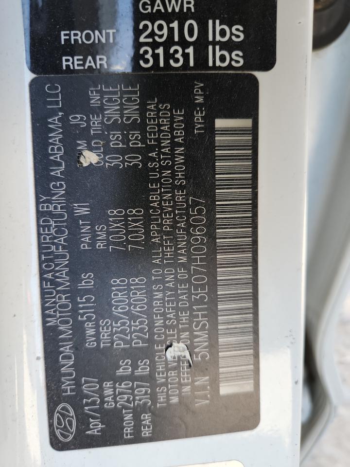 2007 Hyundai Santa Fe Se VIN: 5NMSH13E07H096057 Lot: 81323395