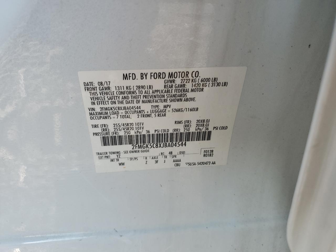 2018 Ford Flex Sel VIN: 2FMGK5C8XJBA04544 Lot: 81216465