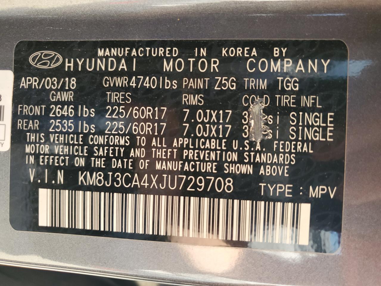 2018 Hyundai Tucson Sel VIN: KM8J3CA4XJU729708 Lot: 71160785