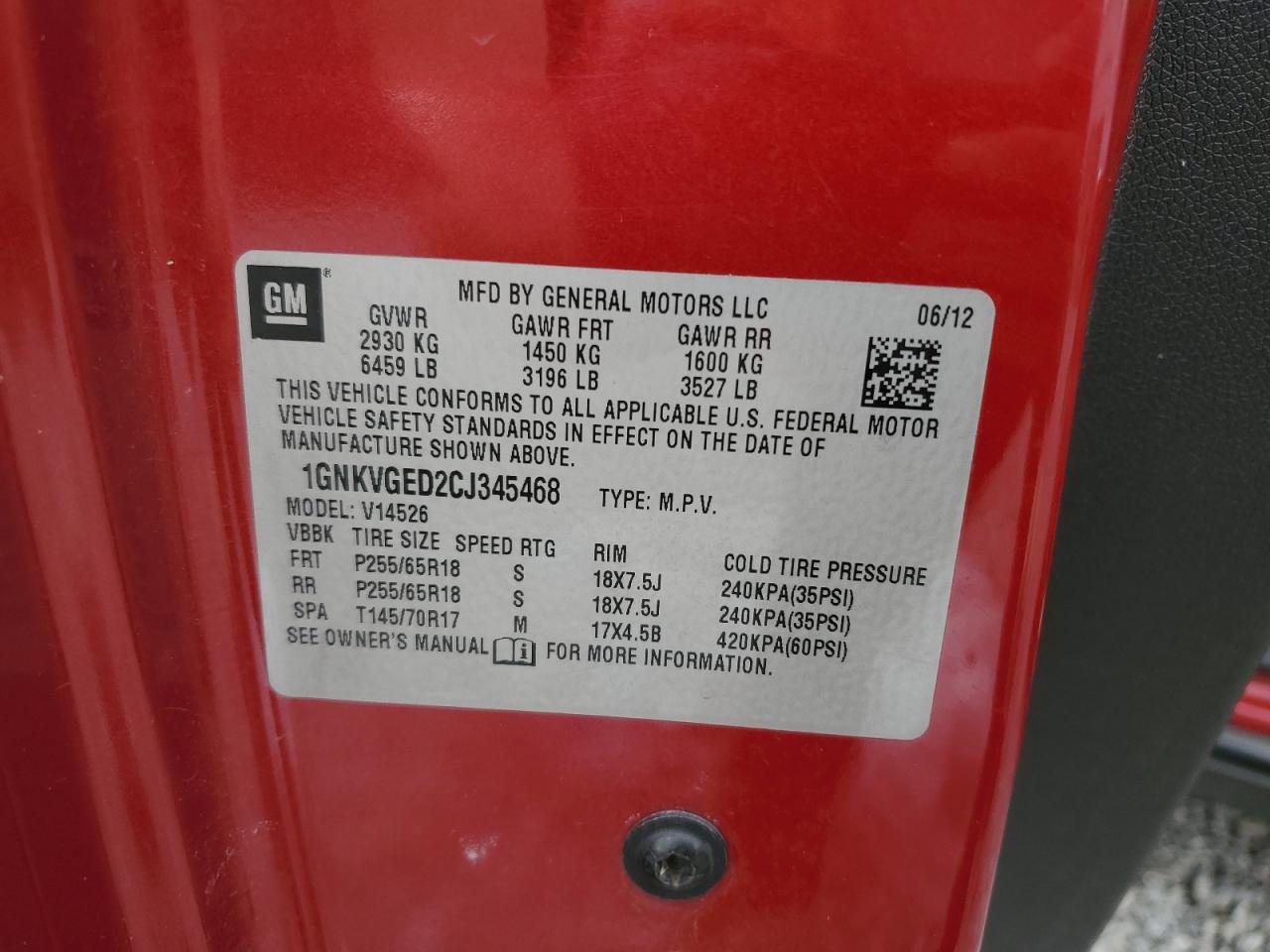 2012 Chevrolet Traverse Lt VIN: 1GNKVGED2CJ345468 Lot: 81432825