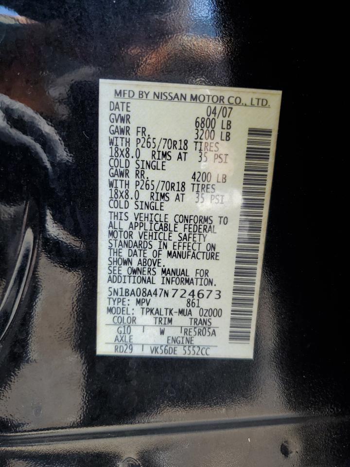 2007 Nissan Armada Se VIN: 5N1BA08A47N724673 Lot: 80956405