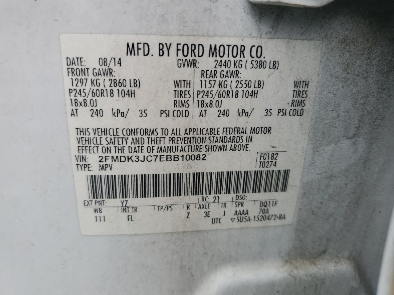 2014 Ford Edge Sel VIN: 2FMDK3JC7EBB10082 Lot: 81858615