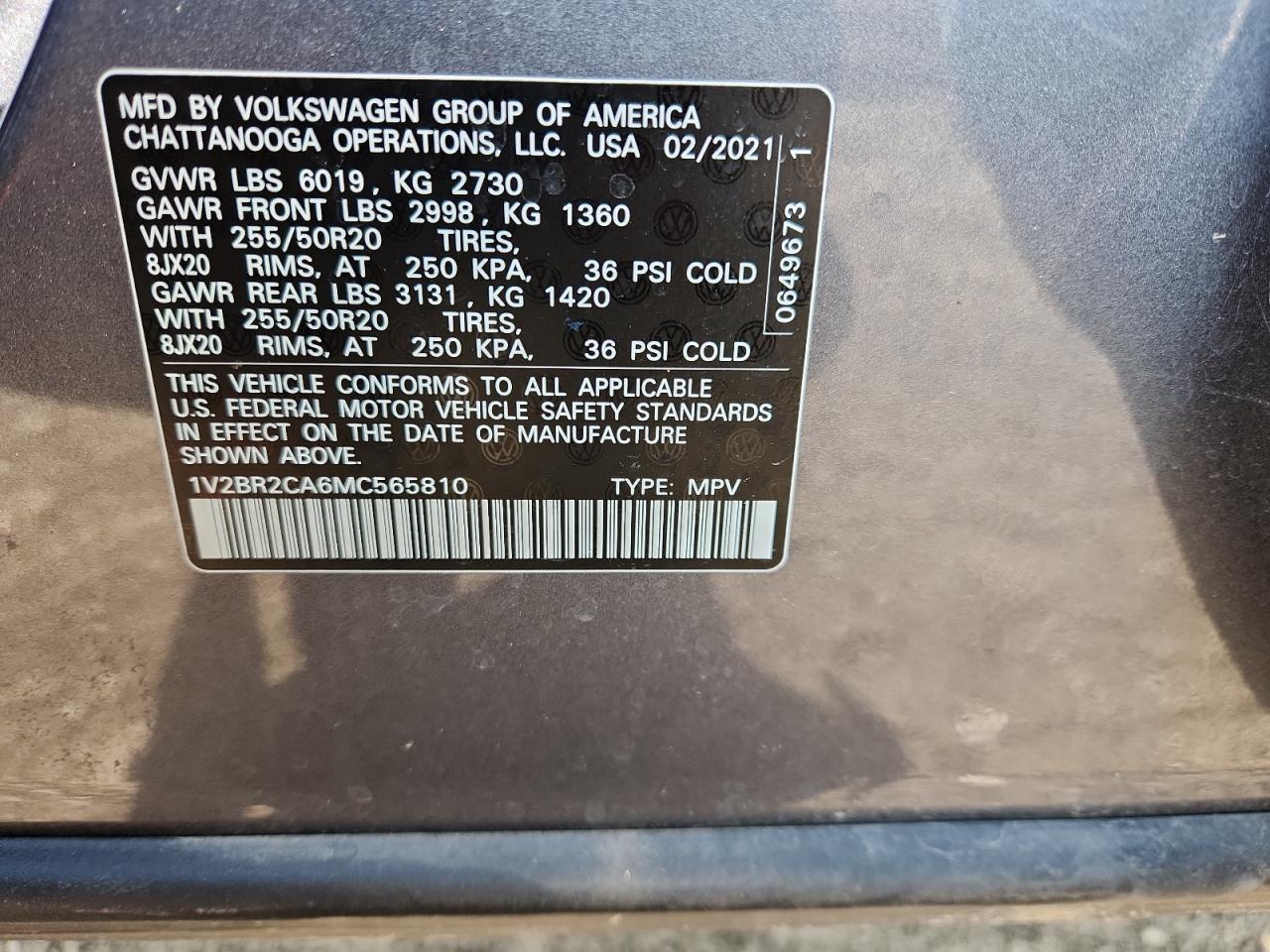 2021 Volkswagen Atlas Sel VIN: 1V2BR2CA6MC565810 Lot: 71166255