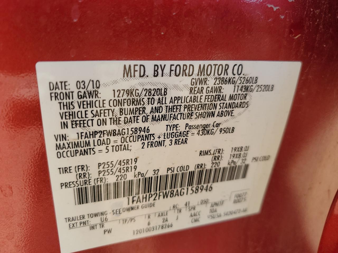2010 Ford Taurus Limited VIN: 1FAHP2FW8AG158946 Lot: 84574125