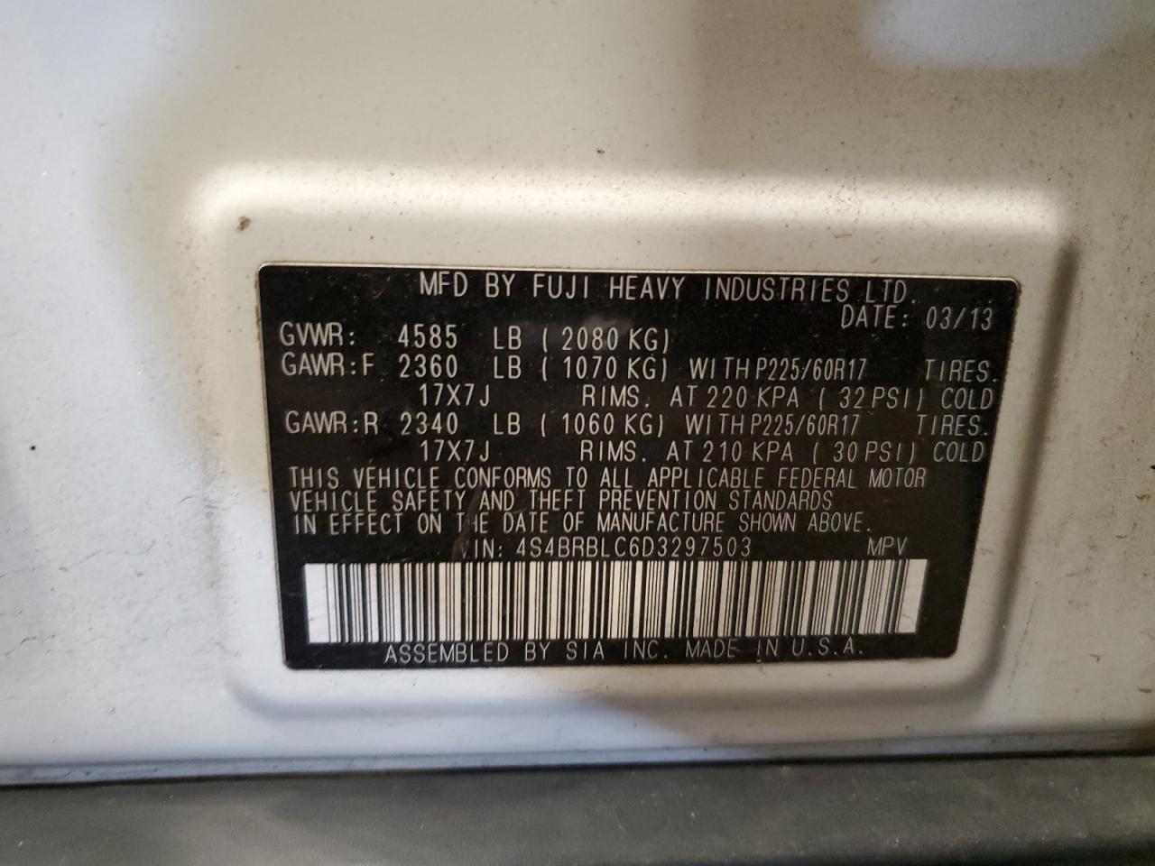 2013 Subaru Outback 2.5I Limited VIN: 4S4BRBLC6D3297503 Lot: 71655745