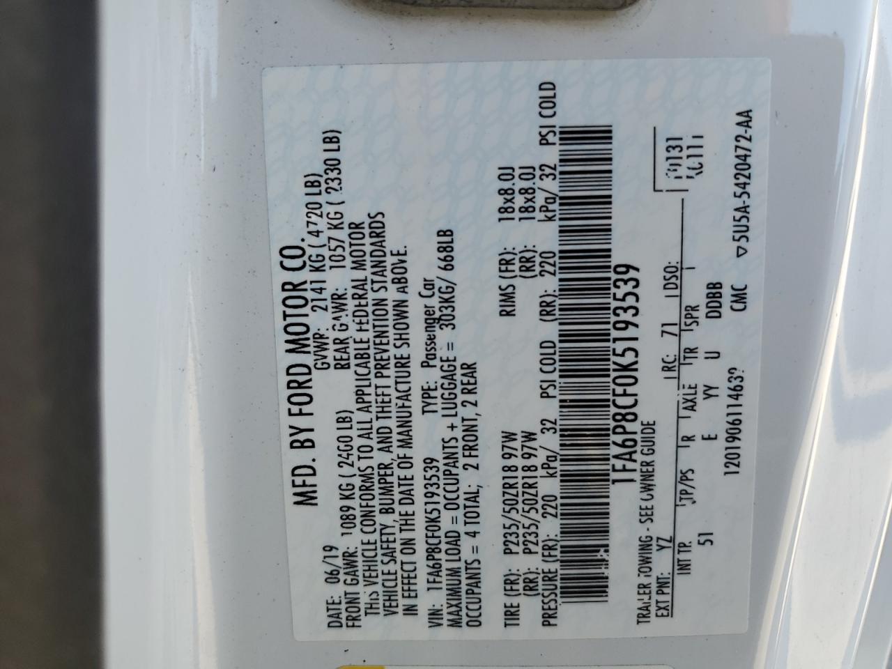 2019 Ford Mustang Gt VIN: 1FA6P8CF0K5193539 Lot: 80613015