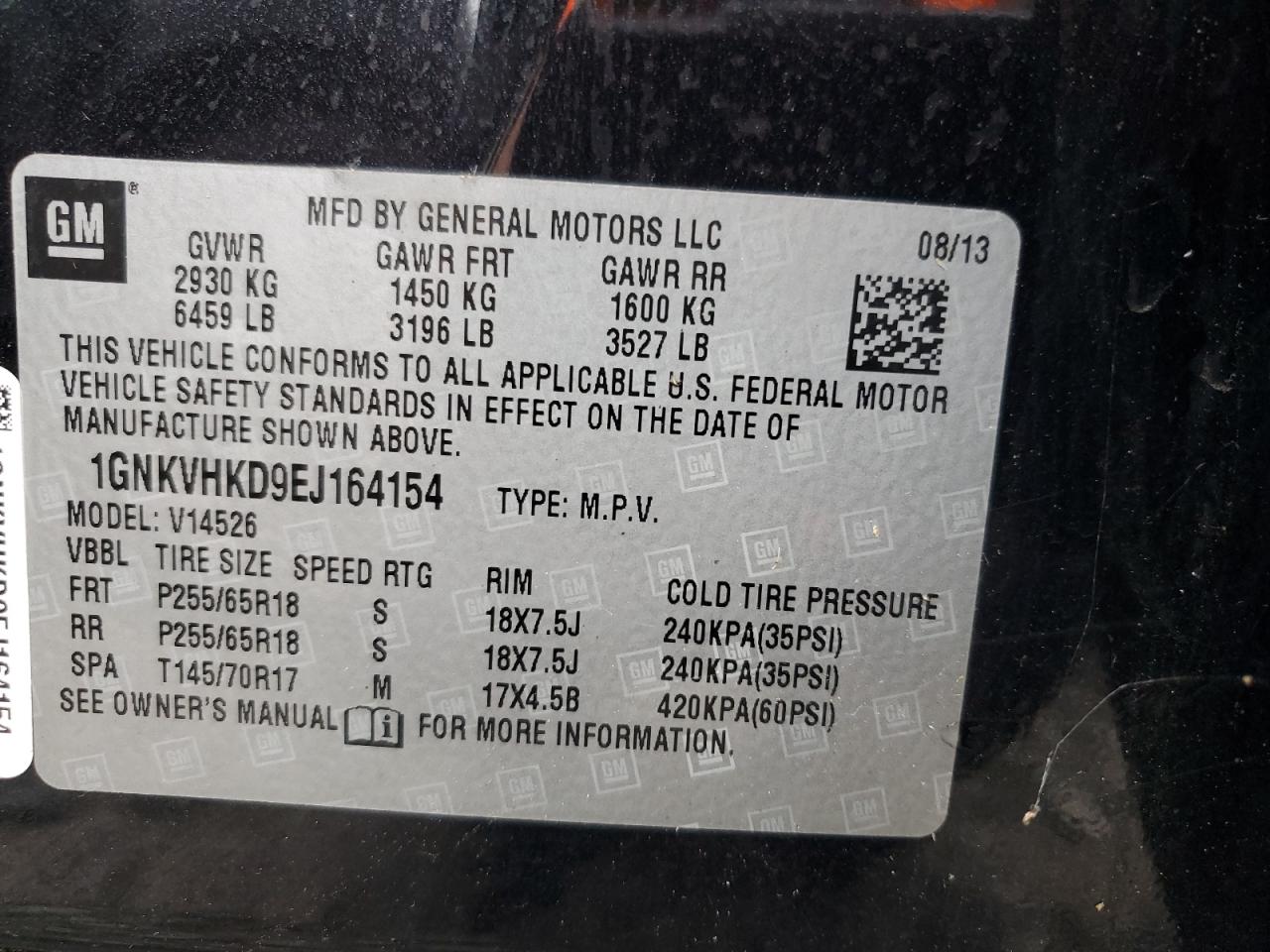 2014 Chevrolet Traverse Lt VIN: 1GNKVHKD9EJ164154 Lot: 84403555