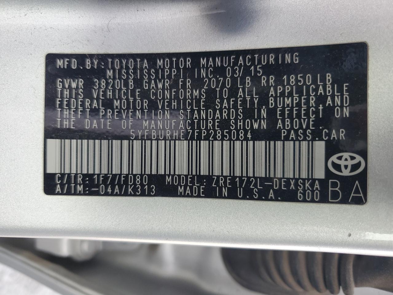 2015 Toyota Corolla L VIN: 5YFBURHE7FP285084 Lot: 81854925