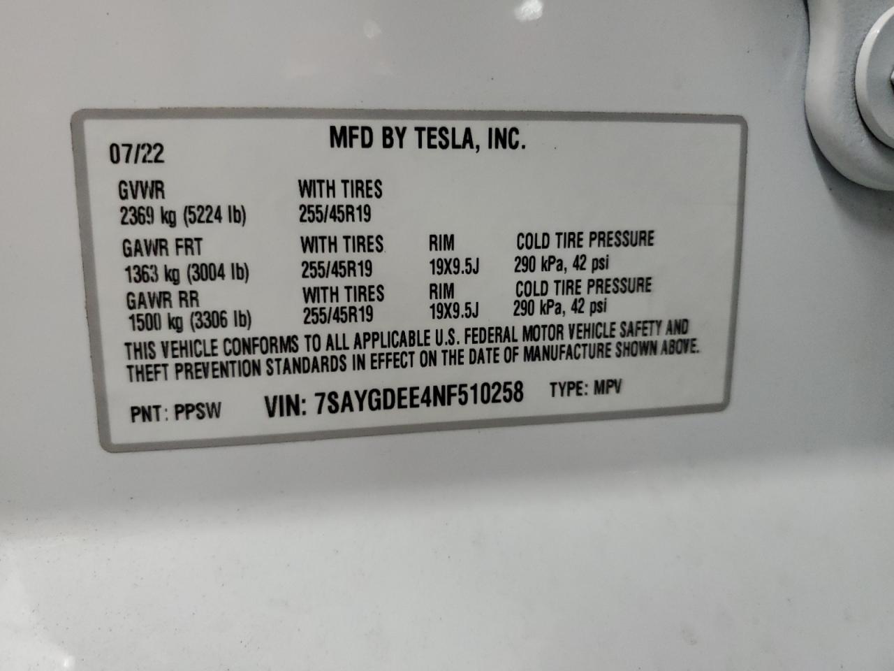 2022 Tesla Model Y VIN: 7SAYGDEE4NF510258 Lot: 80111465