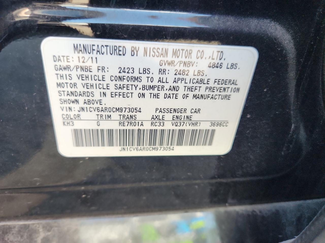 2012 Infiniti G37 VIN: JN1CV6AR0CM973054 Lot: 81444155